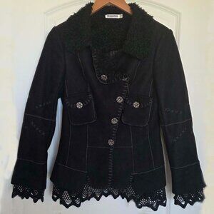 MONORENO Faux Suede Vintage Jacket-Ruffled Embroidered Hem-Lightweight-UNIQUE! S